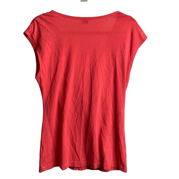 Theory Women's Coral Pink Ruched Cotton V Neck Top Size L Stretchy Draped Basics - Picture 2 of 11